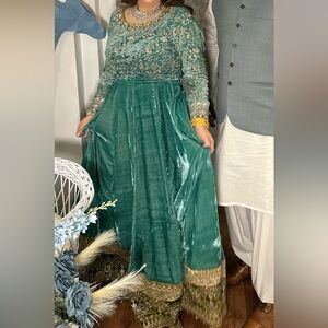 Maria B Elegant Teal and Gold Embroidered Dress